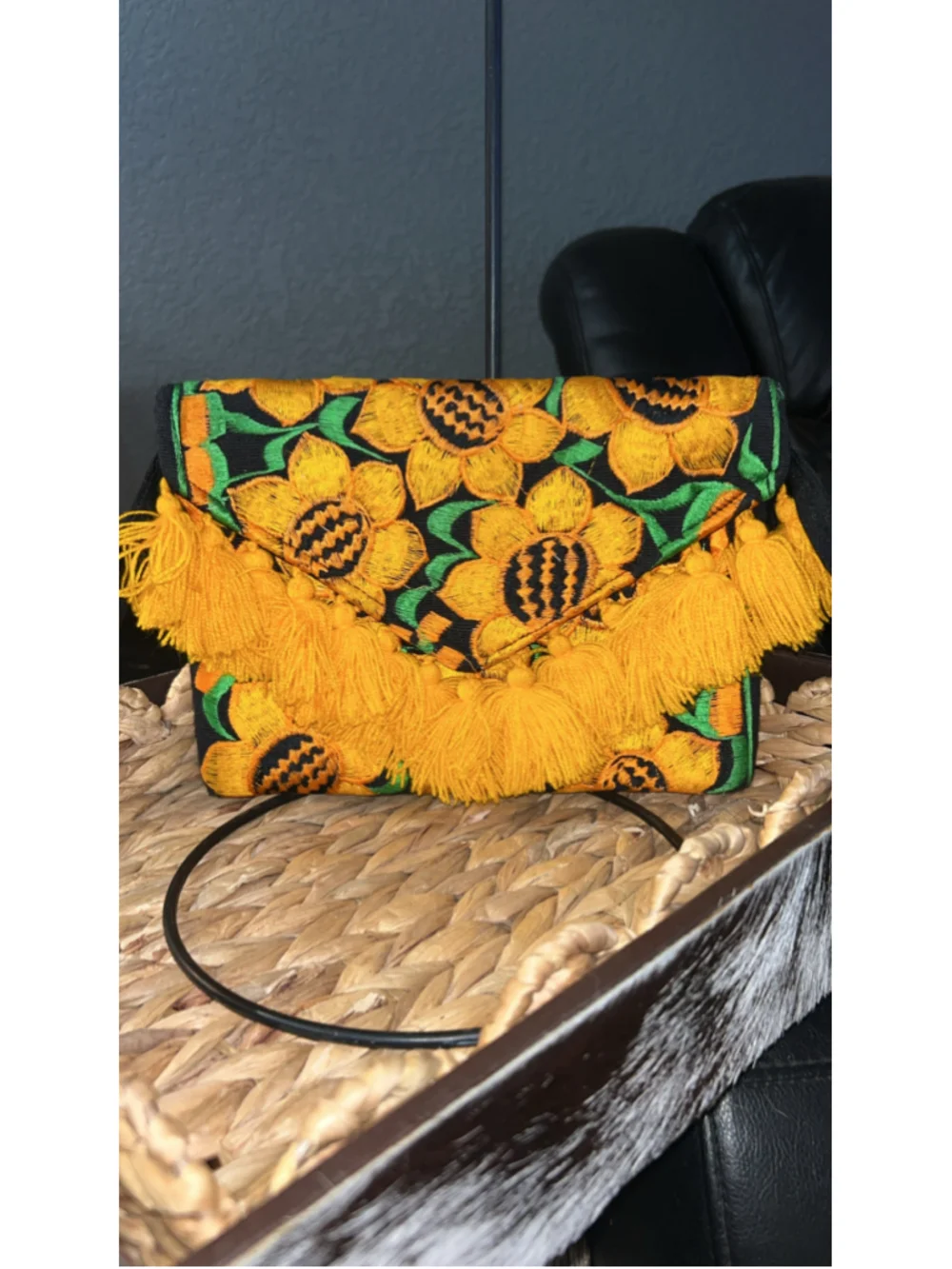 Women's Unbranded Sunflower Embroidered Clutch Bag, One Size, Black and Yellow